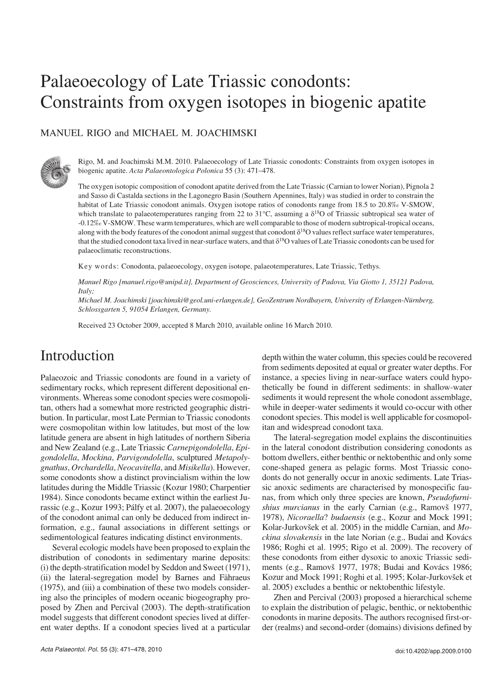 Palaeoecology of Late Triassic Conodonts: Constraints from Oxygen Isotopes in Biogenic Apatite