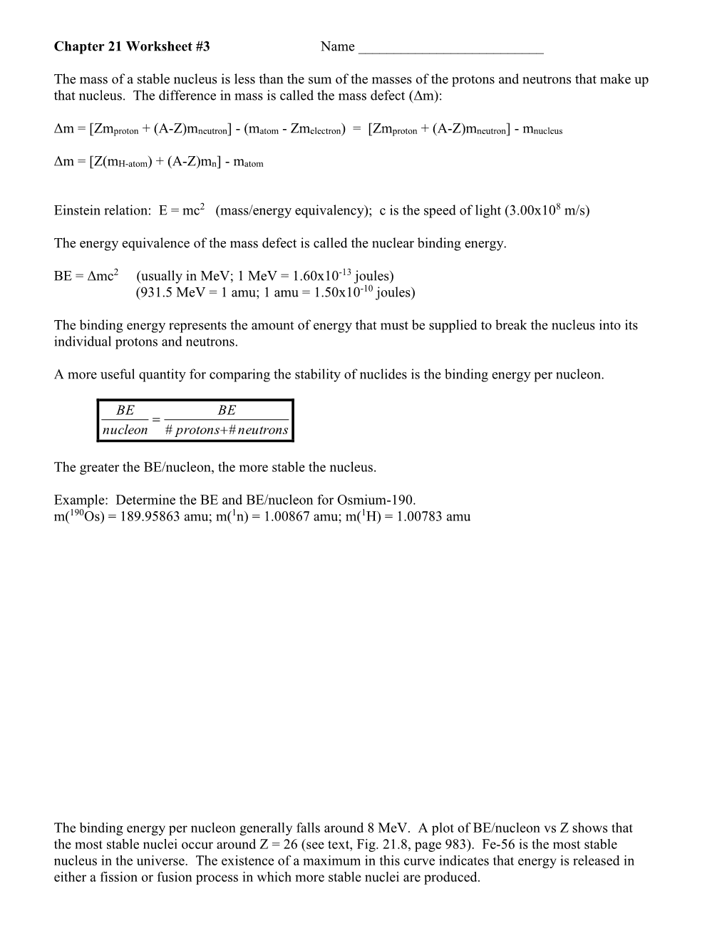 Chapter 21 Worksheet #3 Name the Mass Of