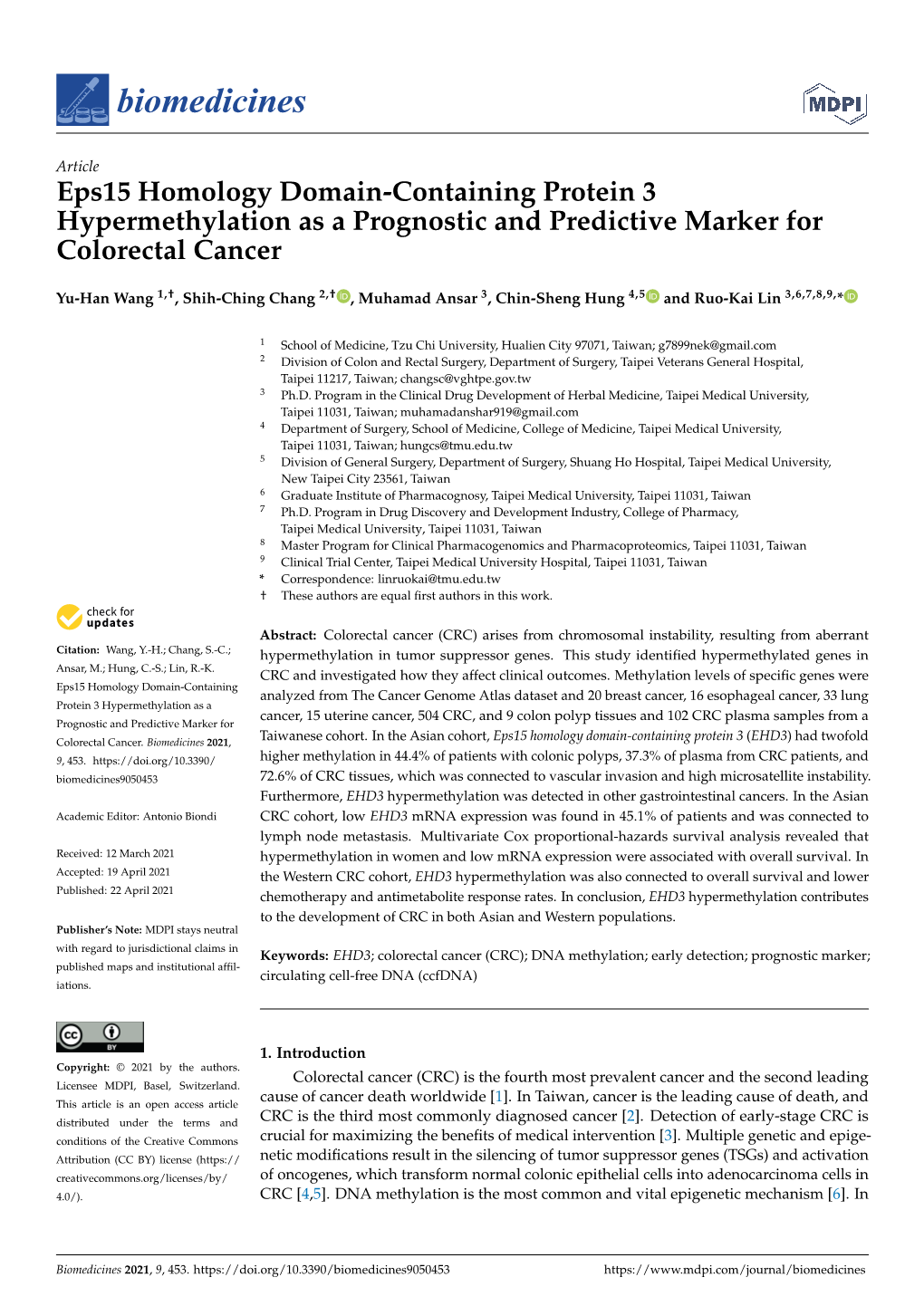 Eps15 Homology Domain-Containing Protein 3 Hypermethylation As a Prognostic and Predictive Marker for Colorectal Cancer