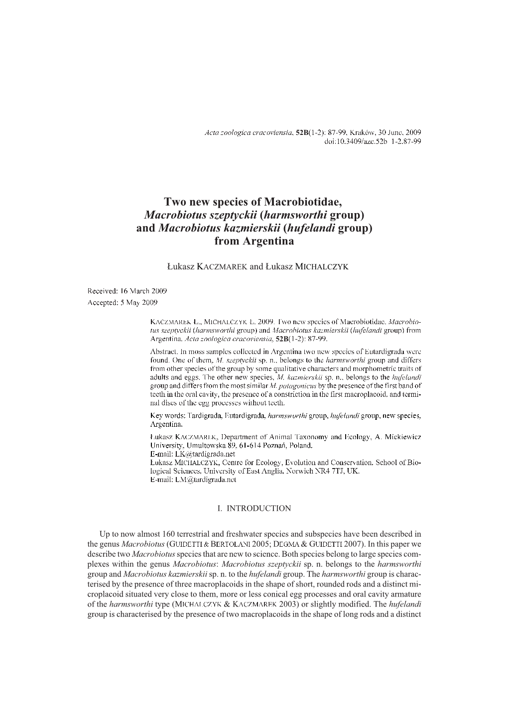 (Harmsworthi Group) and Macrobiotus Kazmierskii (Hufelandi Group) From�Argentina