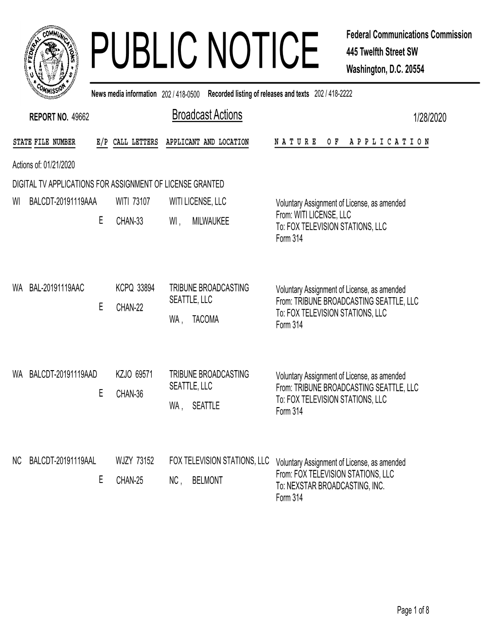 Broadcast Actions 1/28/2020