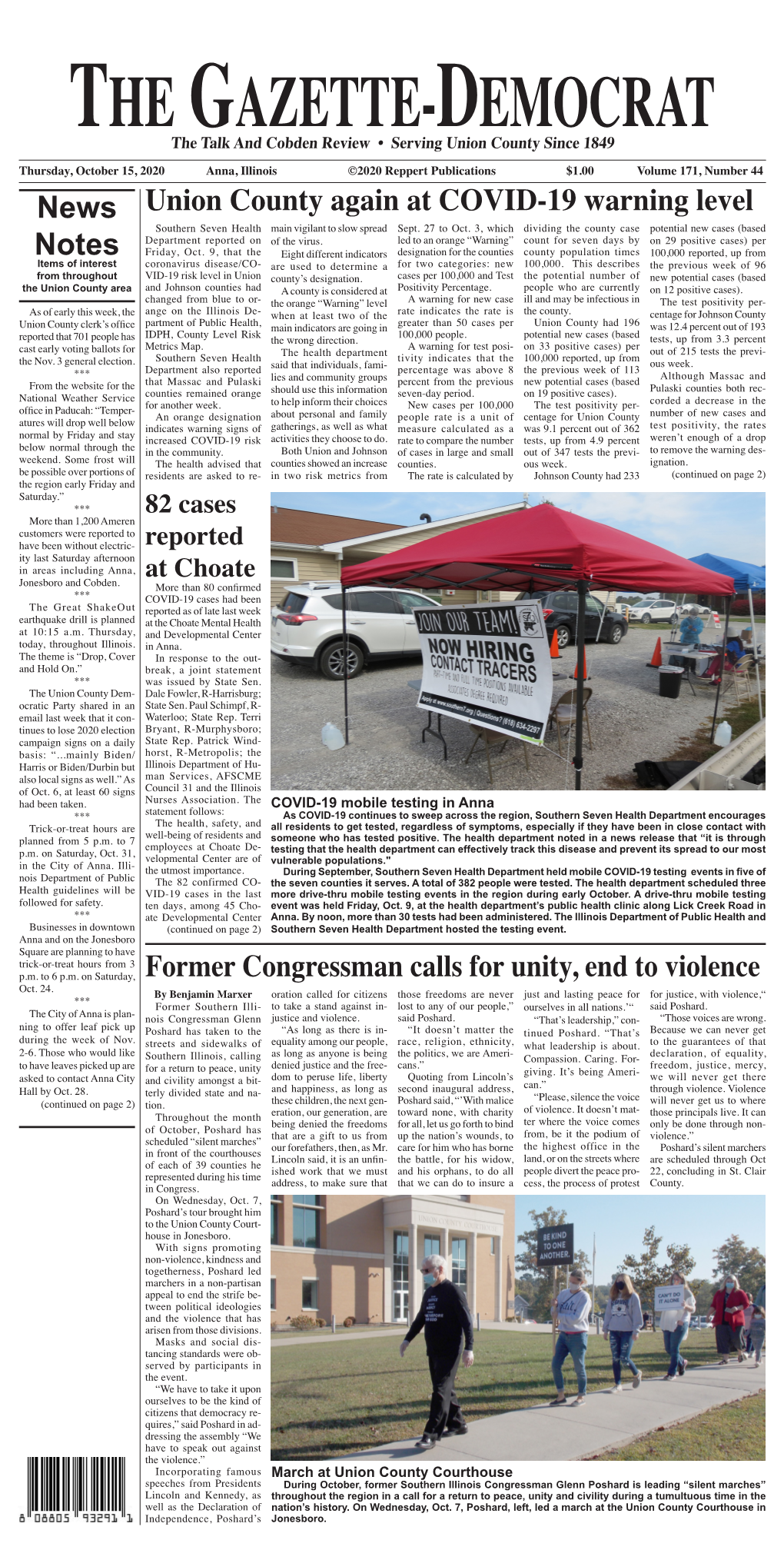 News Notes Former Congressman Calls for Unity, End to Violence Union County Again at COVID-19 Warning Level