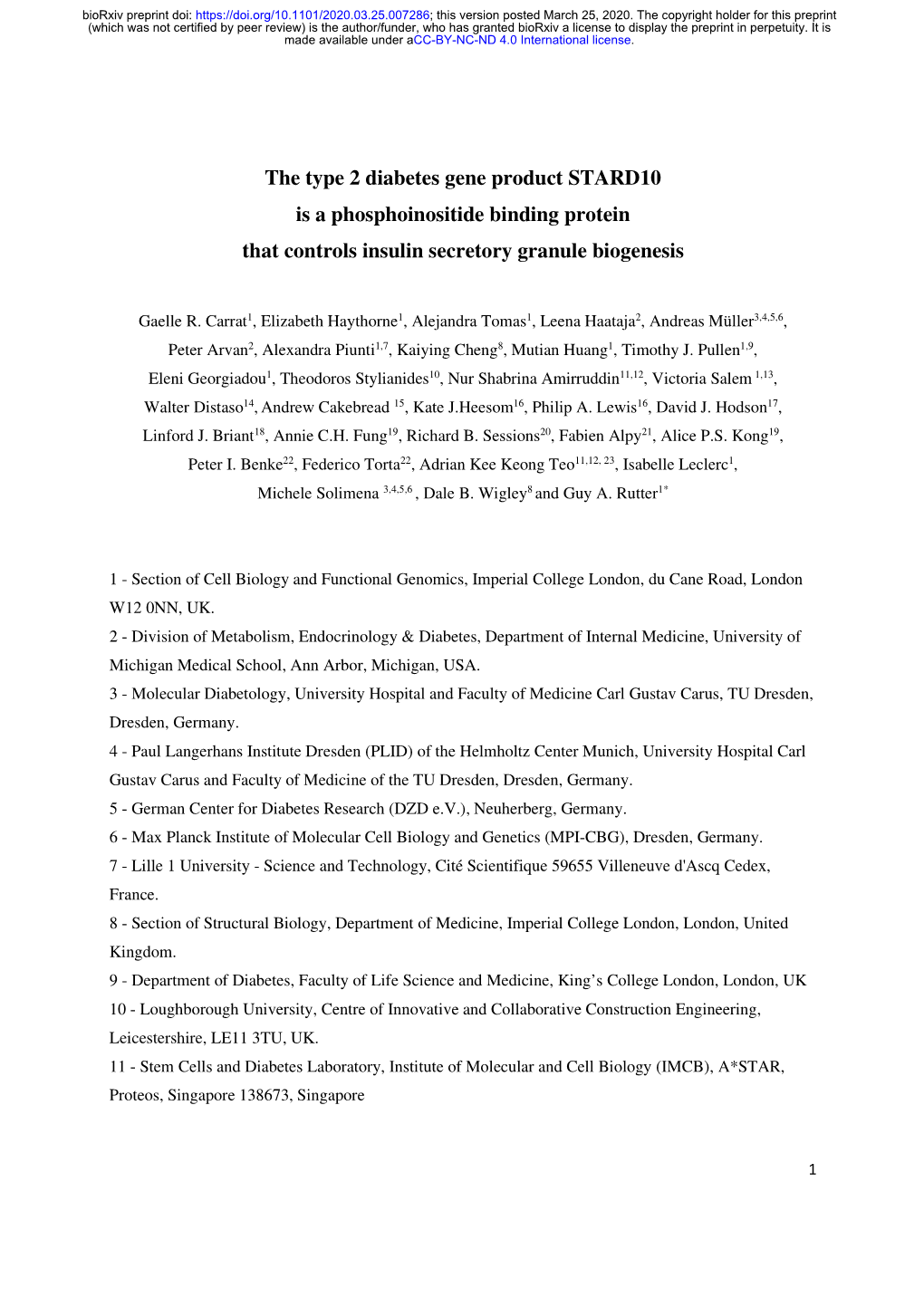 The Type 2 Diabetes Gene Product STARD10 Is a Phosphoinositide Binding Protein That Controls Insulin Secretory Granule Biogenesis