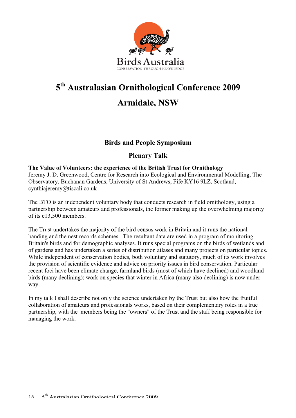 5Th Australasian Ornithological Conference 2009 Armidale, NSW