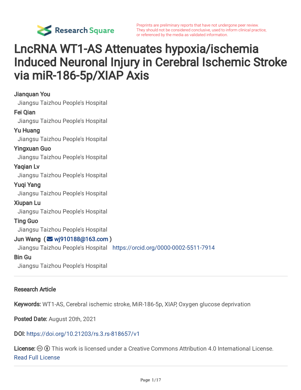 Lncrna WT1-AS Attenuates Hypoxia/Ischemia Induced Neuronal Injury in Cerebral Ischemic Stroke Via Mir-186-5P/XIAP Axis