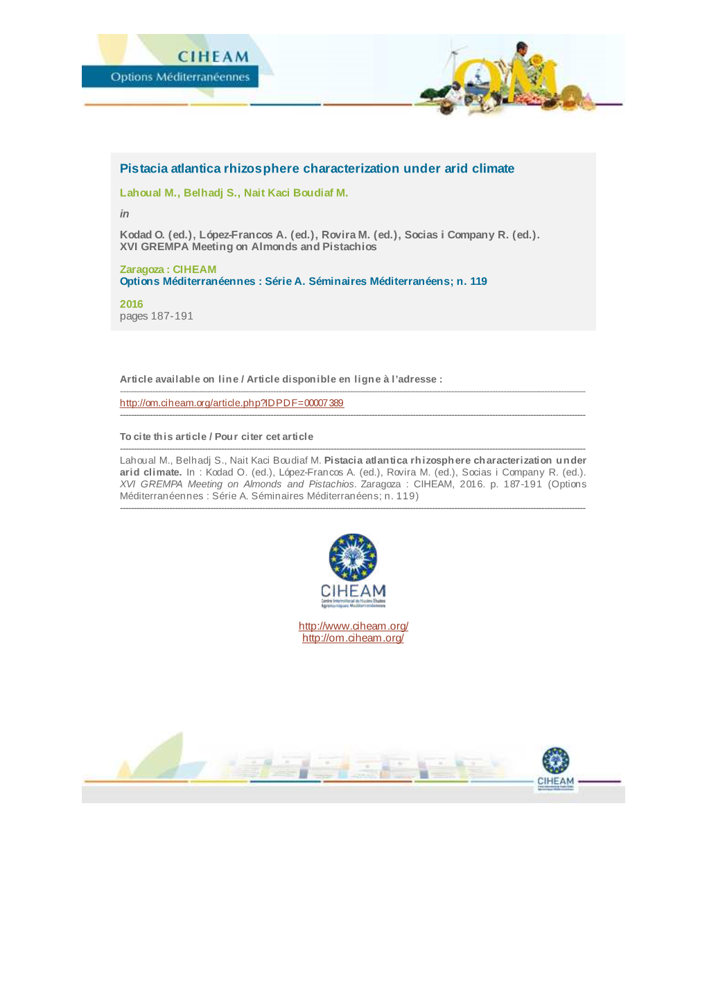 Pistacia Atlantica Rhizosphere Characterization Under Arid Climate