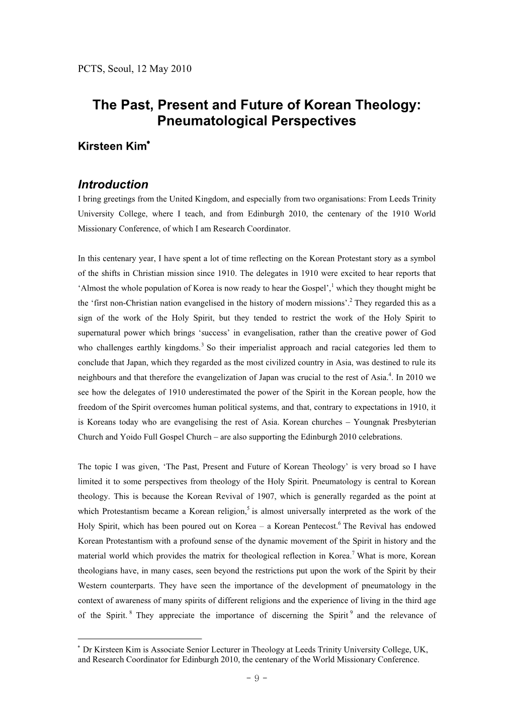 The Past, Present and Future of Korean Theology: Pneumatological Perspectives