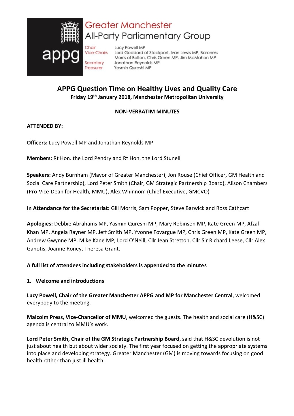 APPG Question Time on Healthy Lives and Quality Care Friday 19Th January 2018, Manchester Metropolitan University