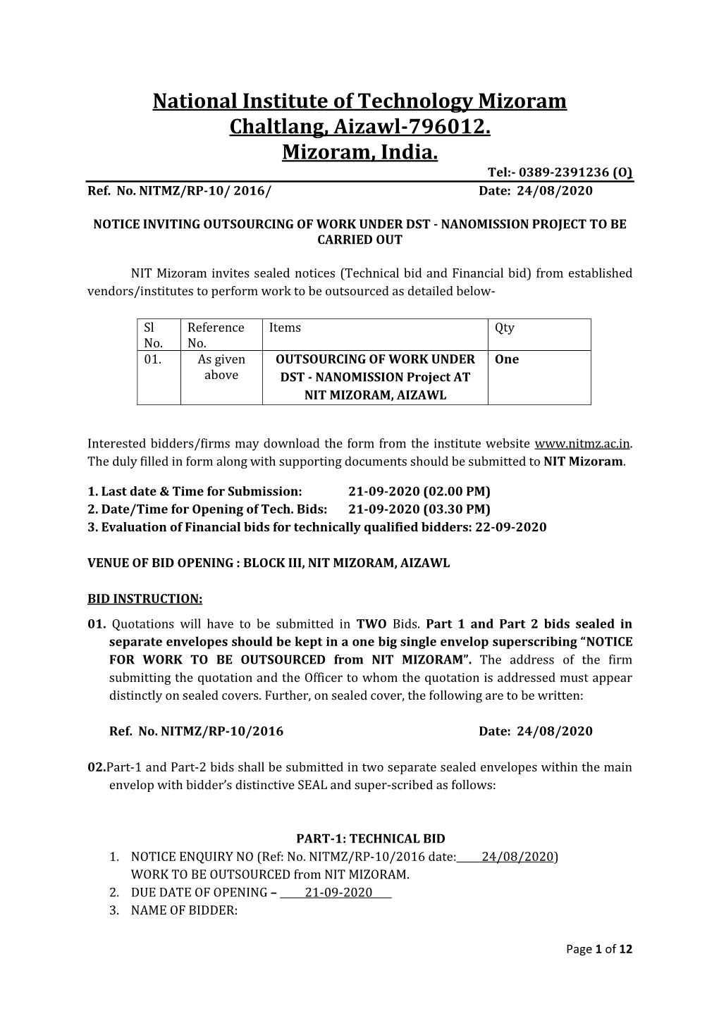 National Institute of Technology Mizoram Chaltlang, Aizawl-796012