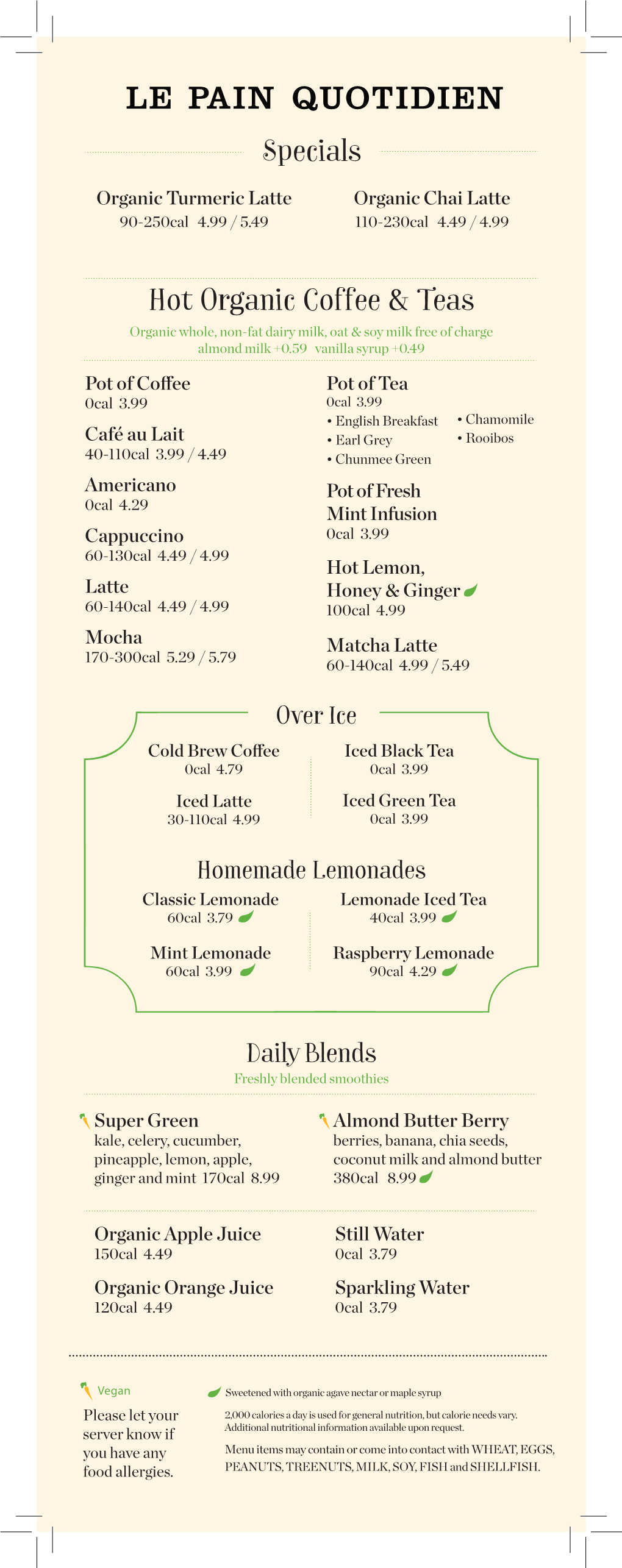 Hot Organic Coffee & Teas Specials