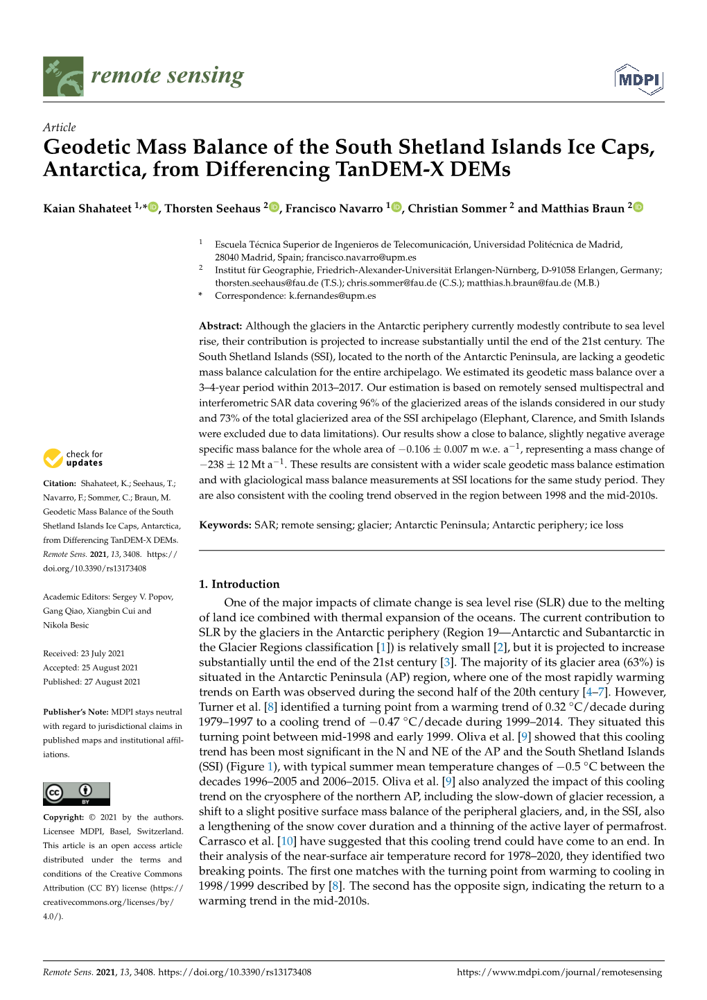 Geodetic Mass Balance of the South Shetland Islands Ice Caps, Antarctica, from Differencing Tandem-X Dems