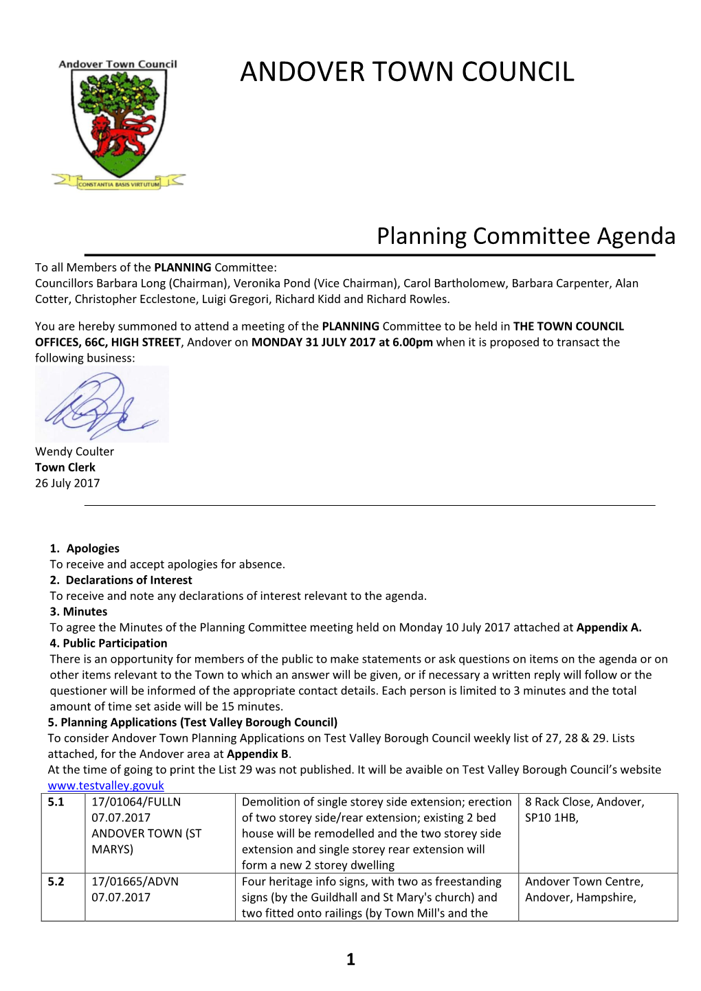 Andover Town Council Planning Committee Minutes – 10 July 2017