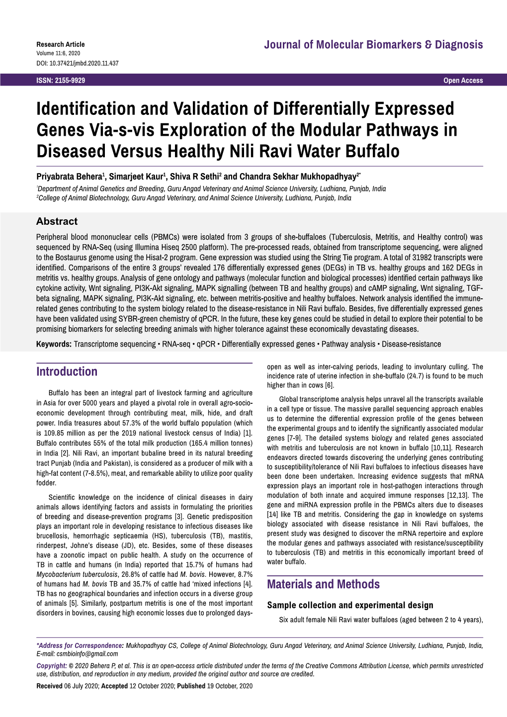 Identification and Validation of Differentially Expressed Genes Via-S-Vis Exploration of the Modular Pathways in Diseased Versus Healthy Nili Ravi Water Buffalo