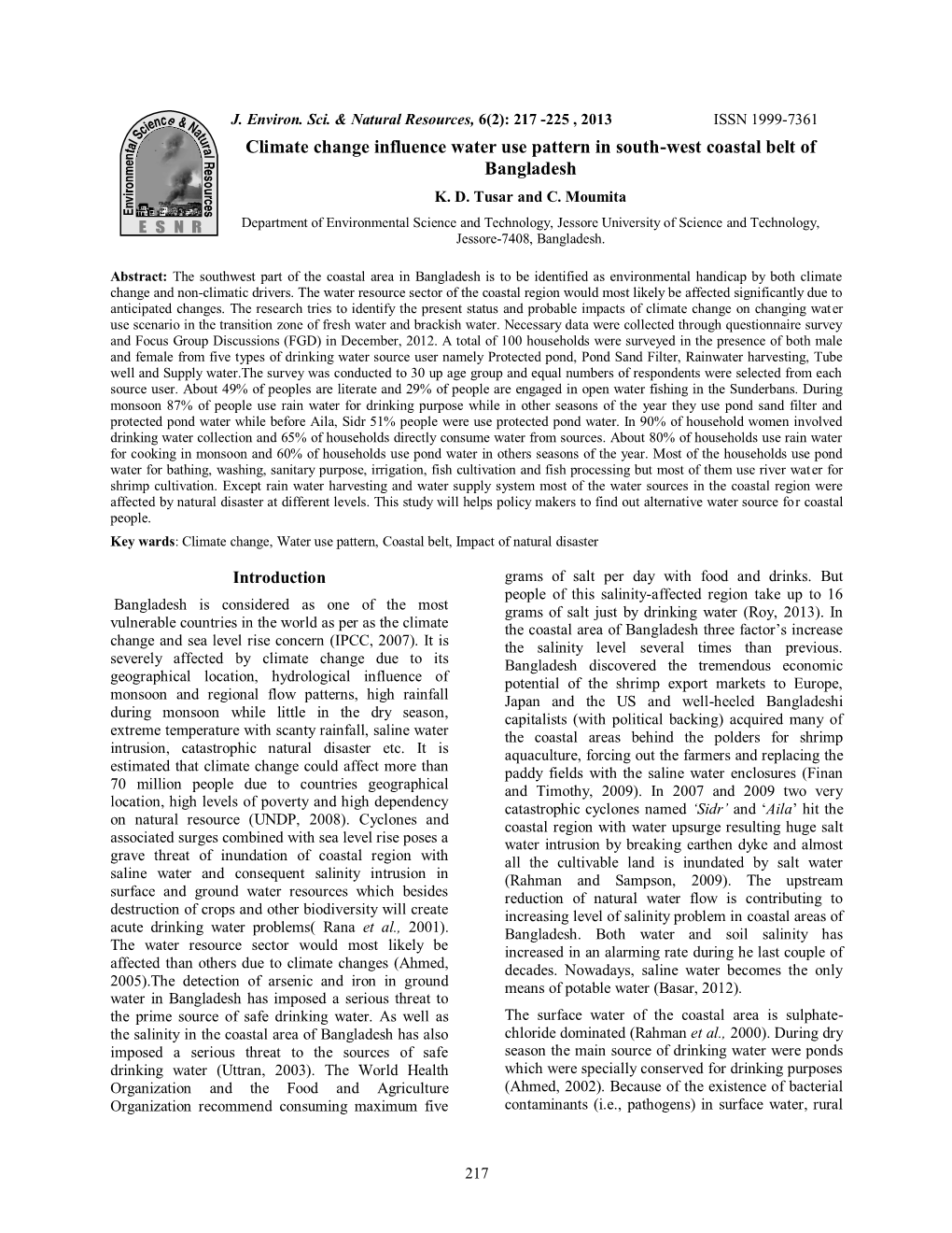 Climate Change Influence Water Use Pattern in South-West Coastal Belt of Bangladesh