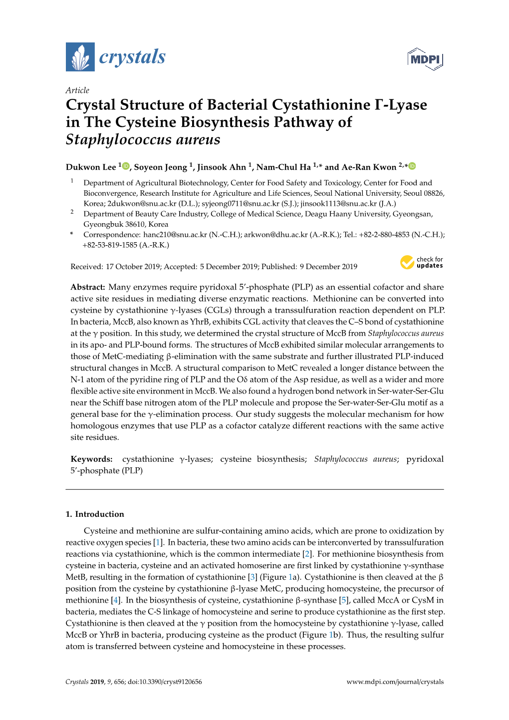 Crystal Structure of Bacterial Cystathionine -Lyase in The