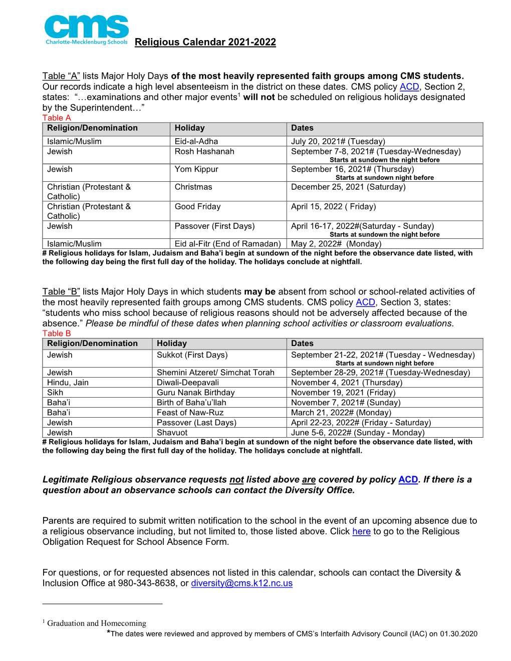 CMS Religious Holidays 2021-2022