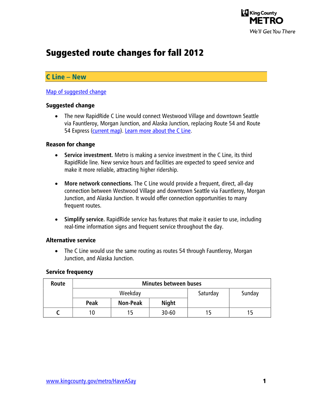 Suggested Route Changes for Fall 2012