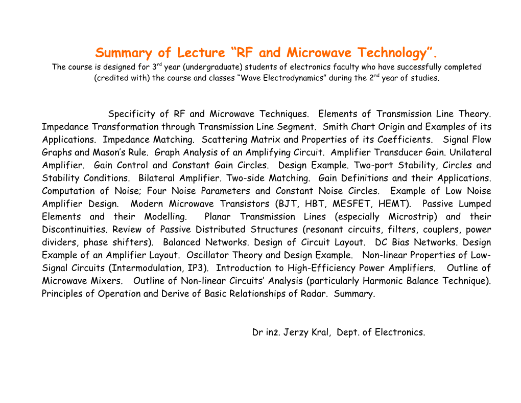 Summary of Lecture RF and Microwave Technology