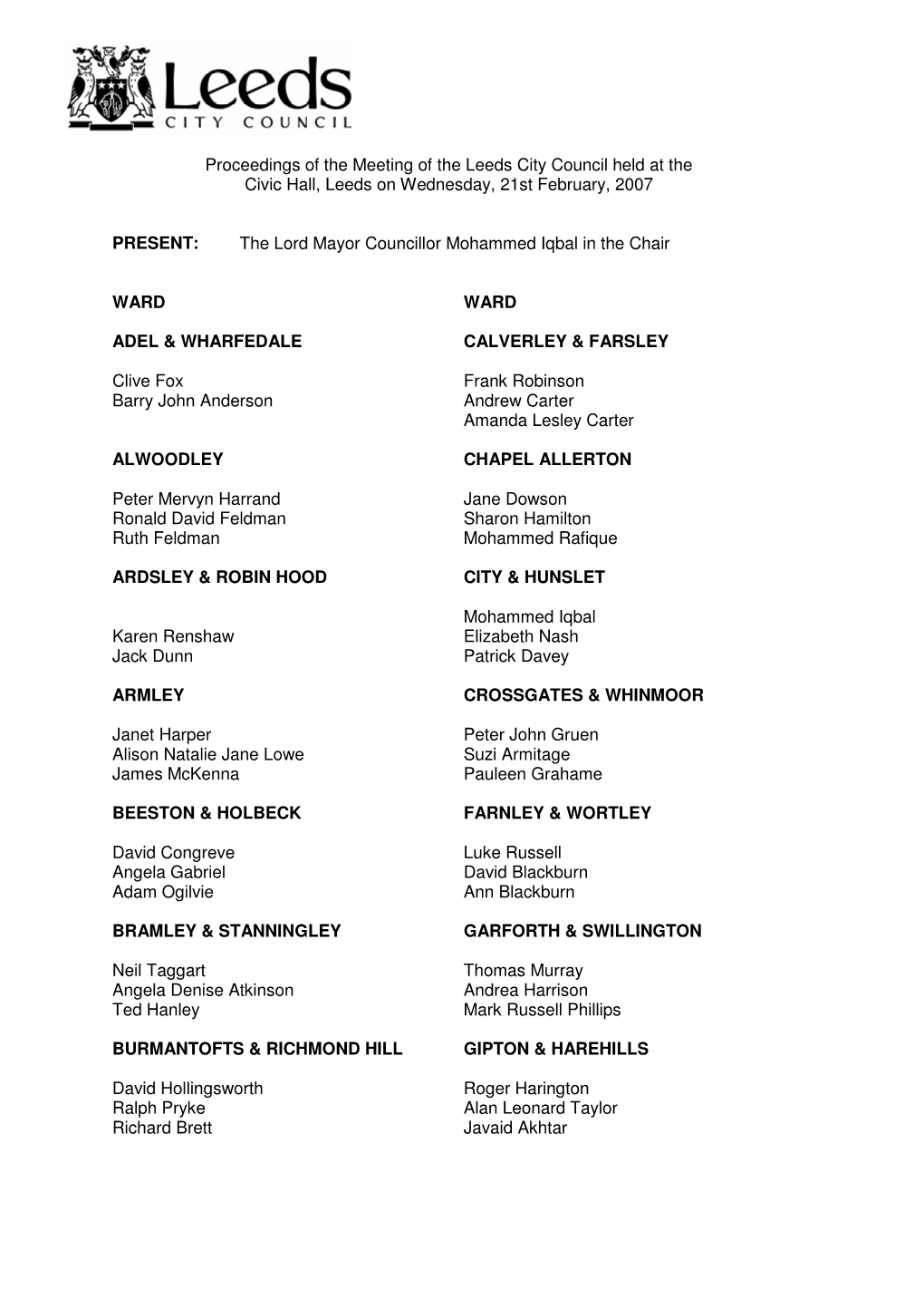 Proceedings of the Meeting of the Leeds City Council Held at the Civic Hall, Leeds on Wednesday, 21St February, 2007