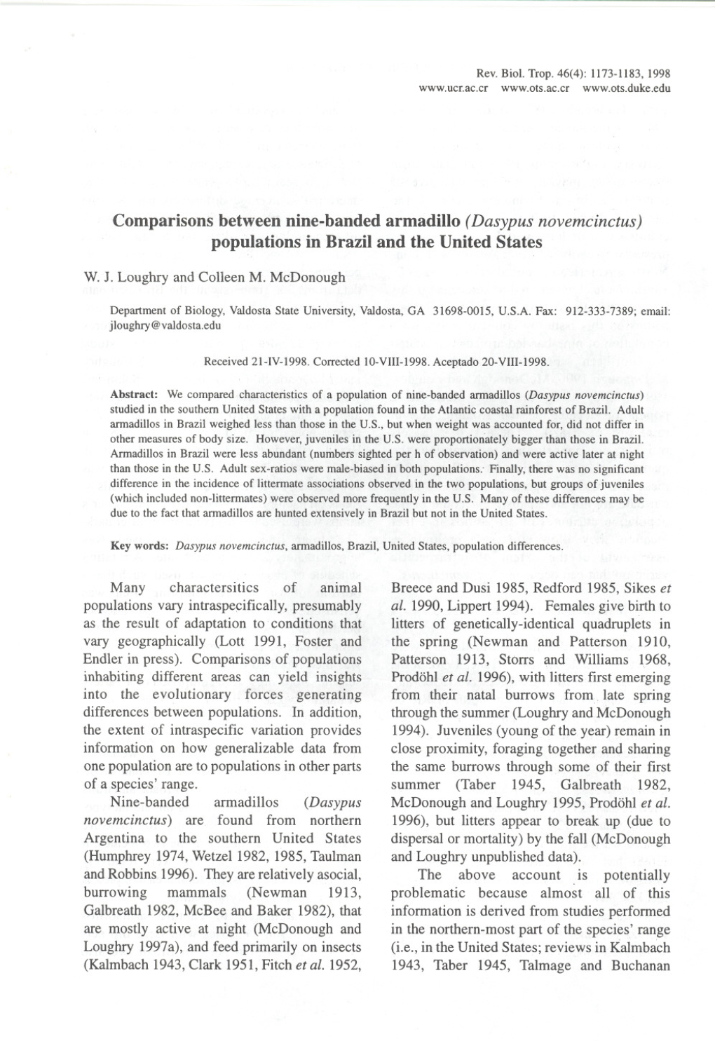 Comparisons Between Nine-Banded Armadillo (Dasypus Novemcinctus) Populations in Brazil and the United States