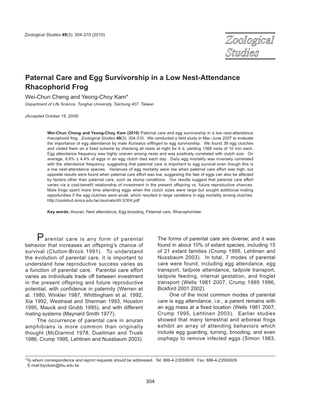 Paternal Care and Egg Survivorship in a Low Nest-Attendance