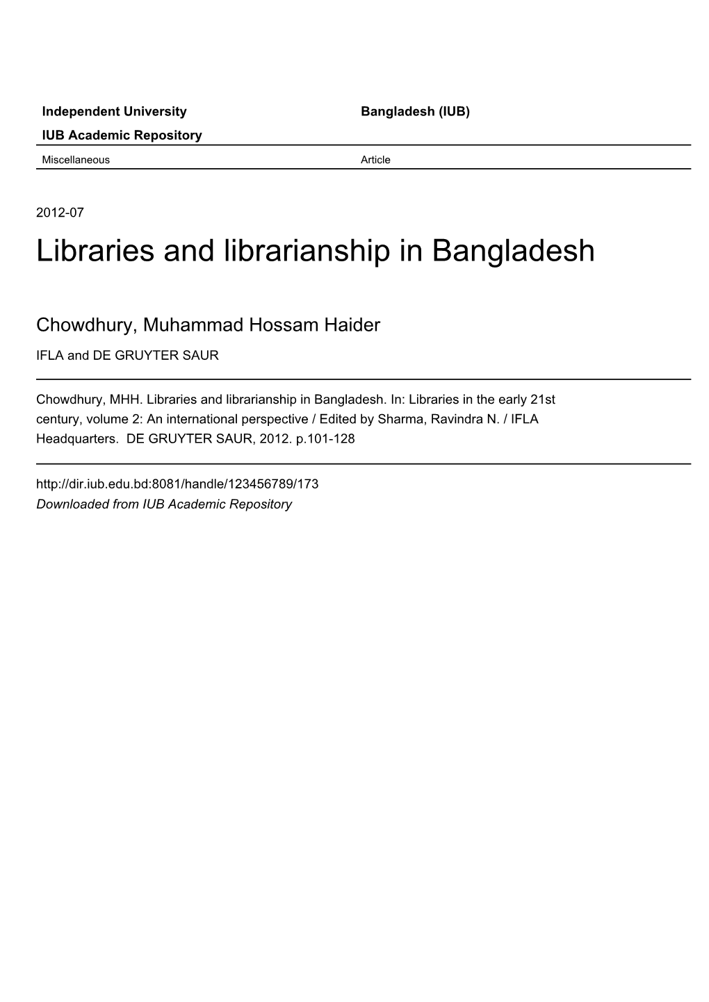 Libraries and Librarianship in Bangladesh