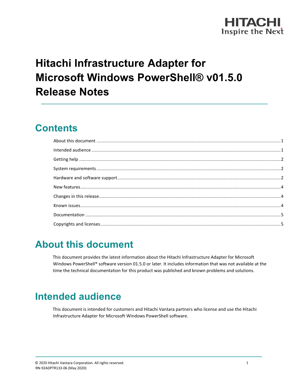 Hitachi Infrastructure Adapter for Microsoft Windows Powershell Release Notes