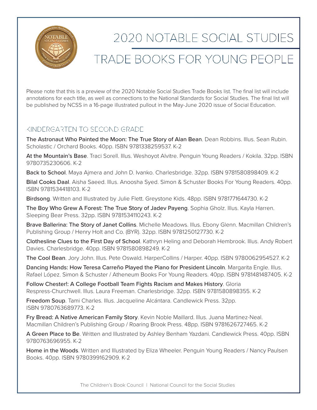 Trade Books for Young People 2020 Notable Social Studies