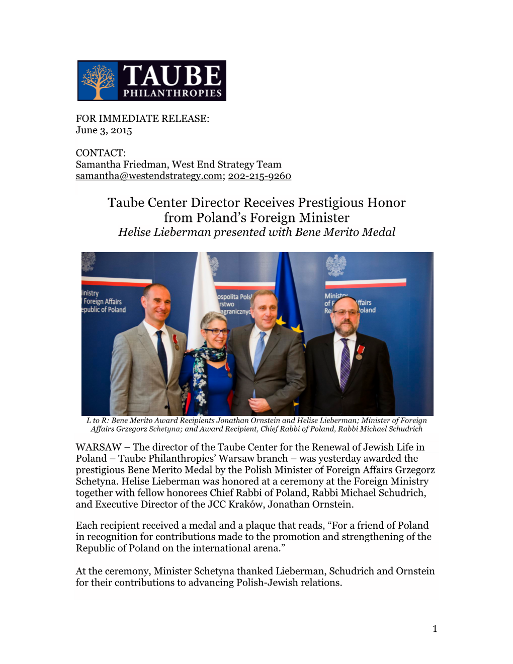 Taube Center Director Receives Prestigious Honor from Poland's