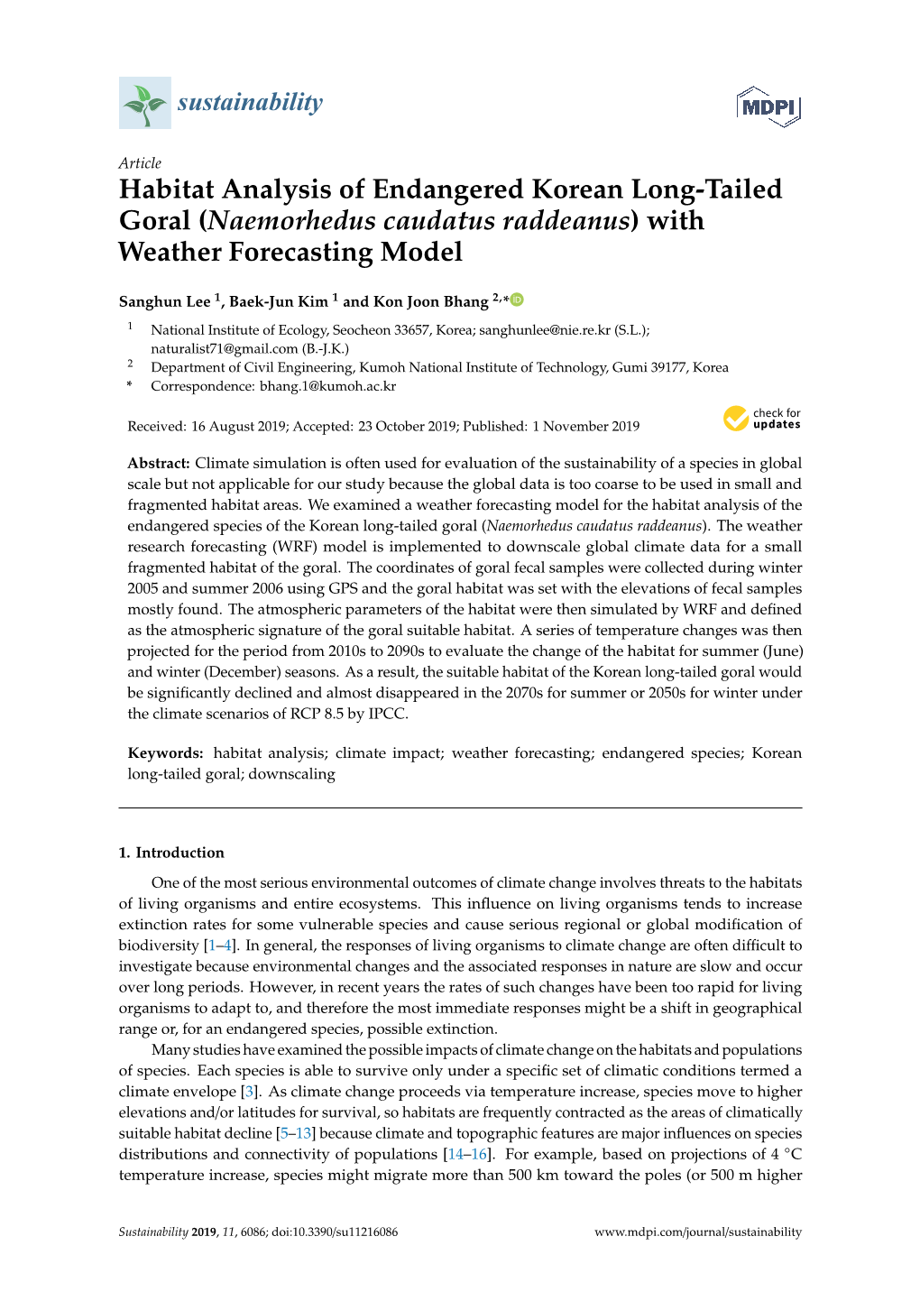 Habitat Analysis of Endangered Korean Long-Tailed Goral (Naemorhedus Caudatus Raddeanus) with Weather Forecasting Model