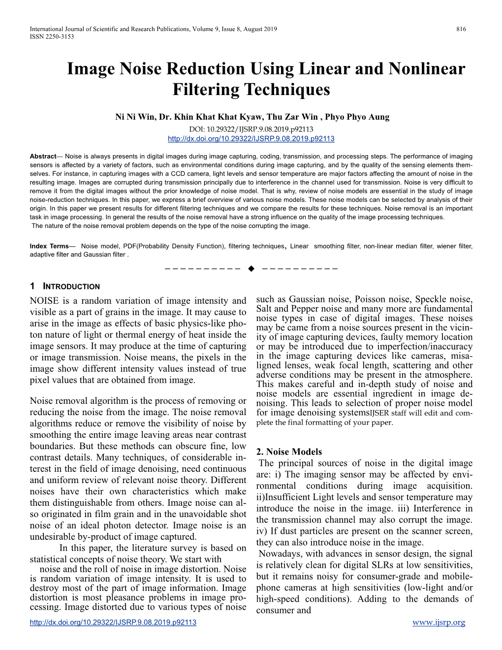 Image Noise Reduction Using Linear and Nonlinear Filtering Techniques