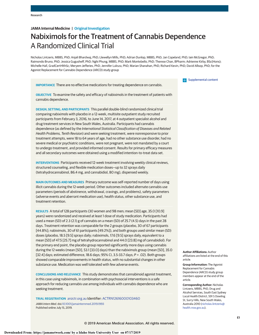 Nabiximols for the Treatment of Cannabis Dependence a Randomized Clinical Trial