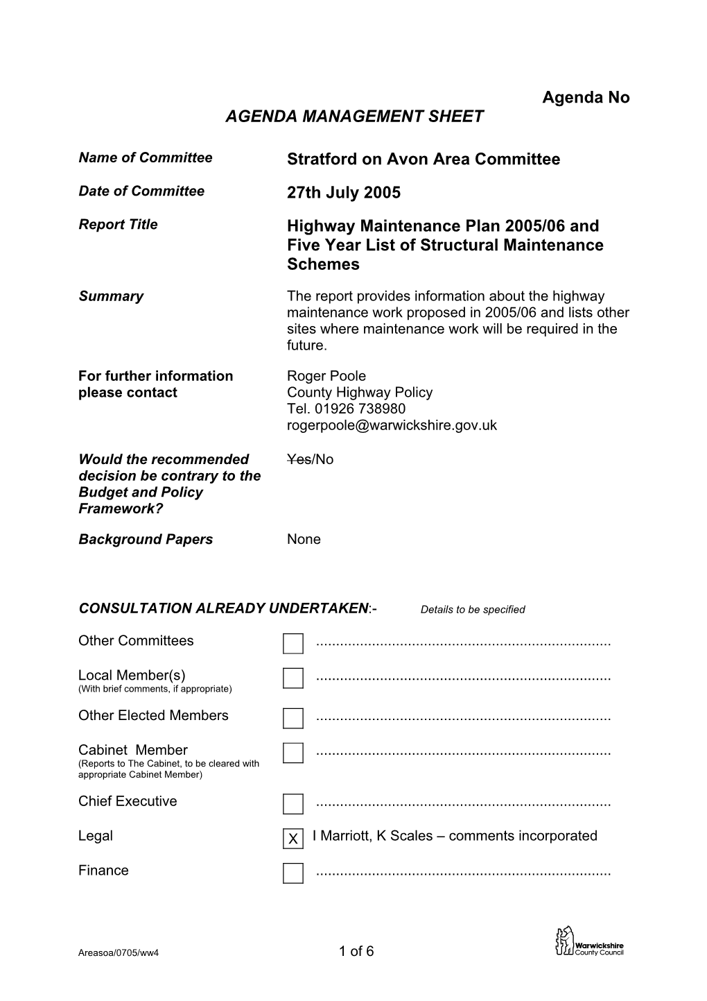 Agenda No AGENDA MANAGEMENT SHEET Stratford on Avon Area