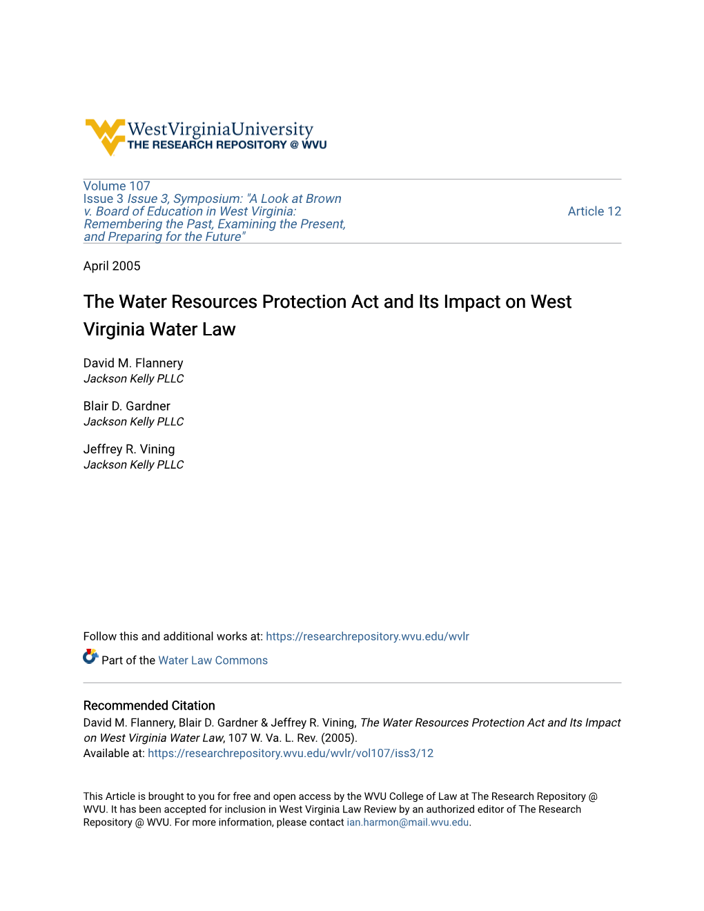 The Water Resources Protection Act and Its Impact on West Virginia Water Law