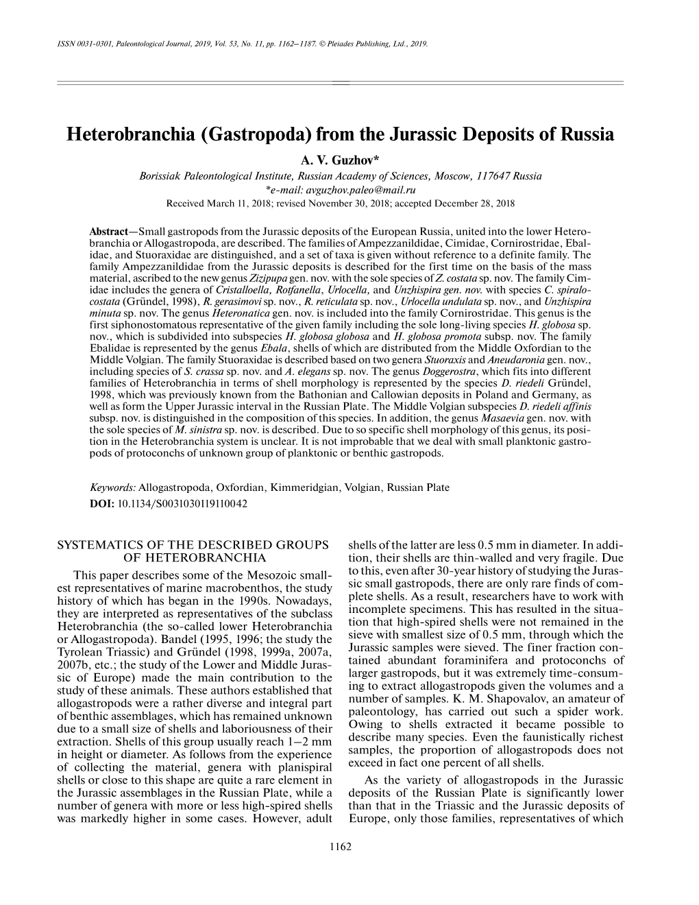 Heterobranchia (Gastropoda) from the Jurassic Deposits of Russia A
