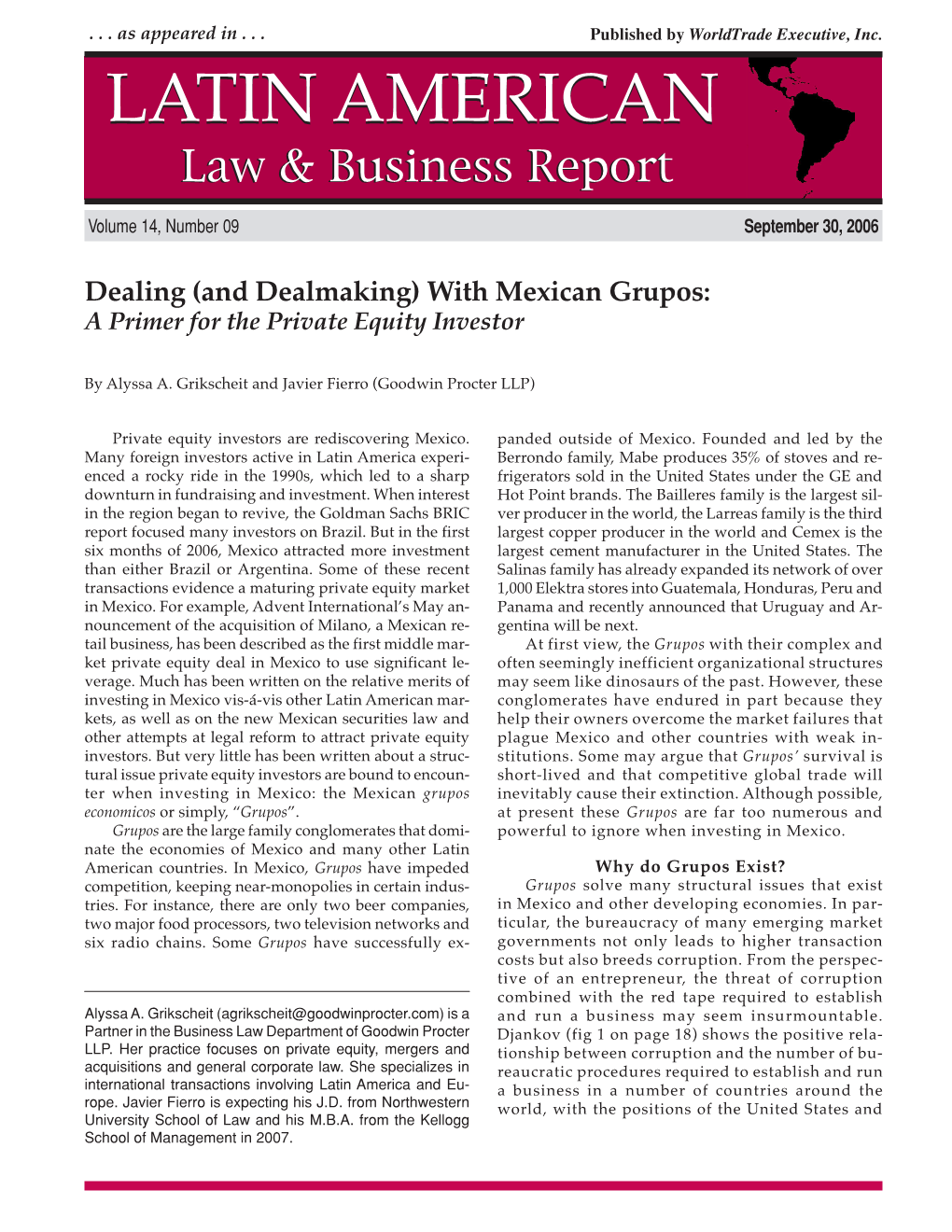 "Dealing (And Dealmaking) with Mexican Grupos: a Primer for The