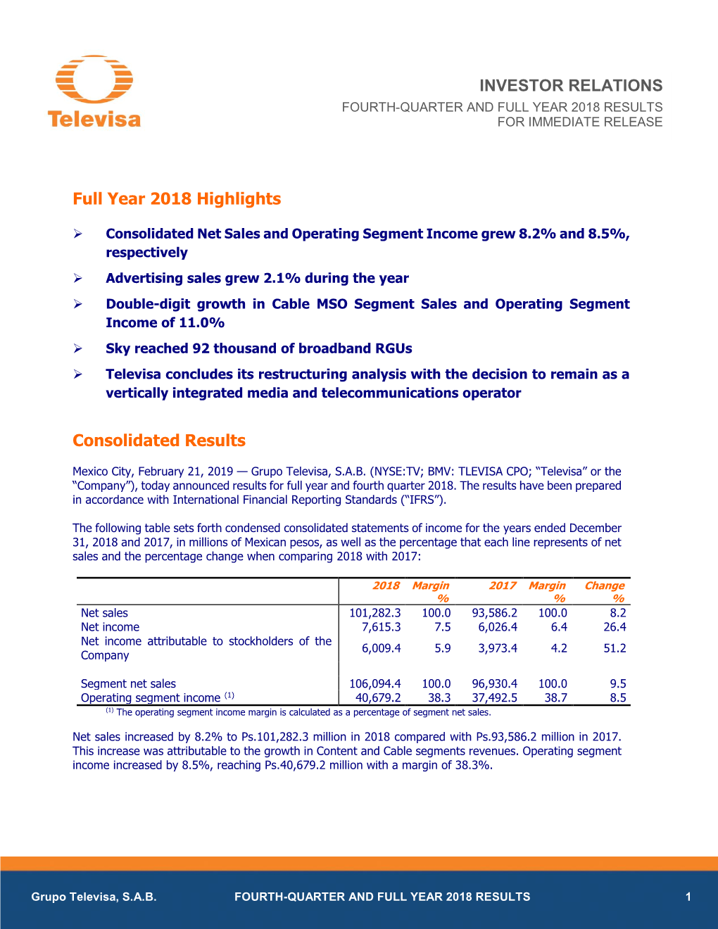 Full Year 2018 Highlights Consolidated Results INVESTOR