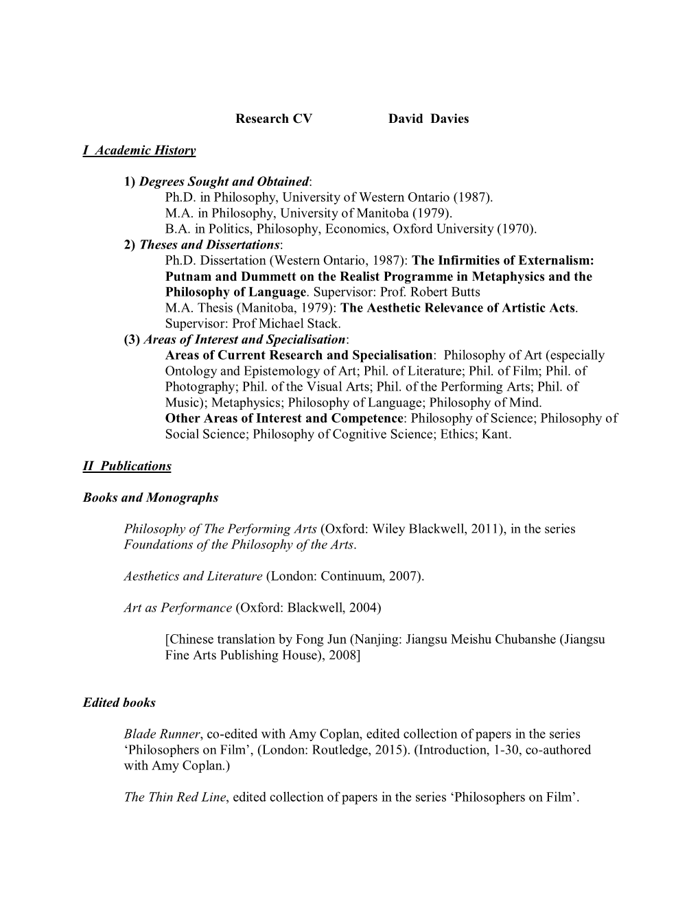 Research CV David Davies I Academic History 1) Degrees