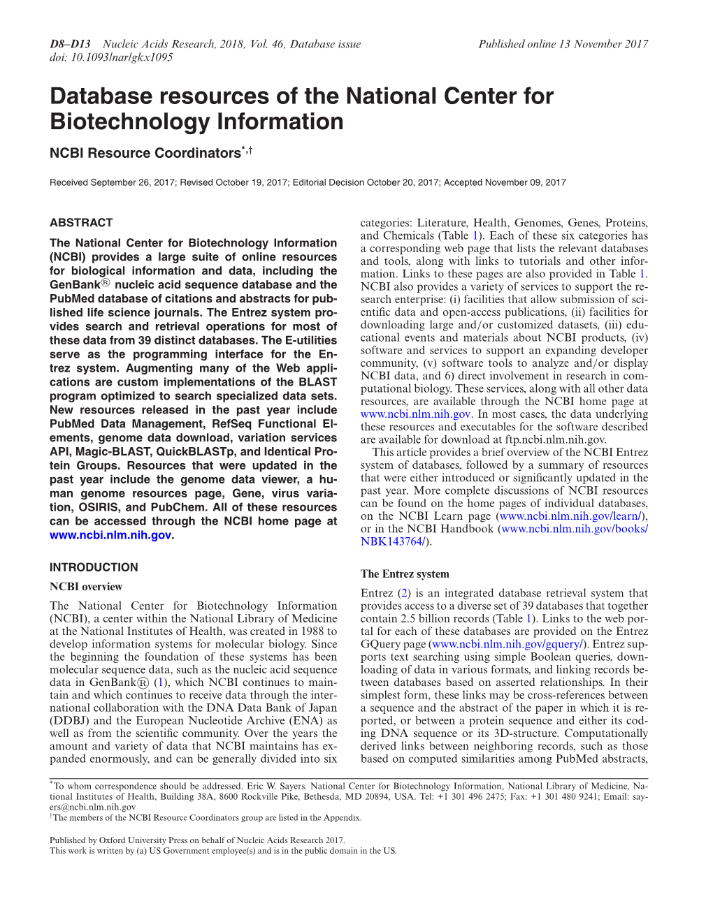 Database Resources of the National Center for Biotechnology Information NCBI Resource Coordinators*,†