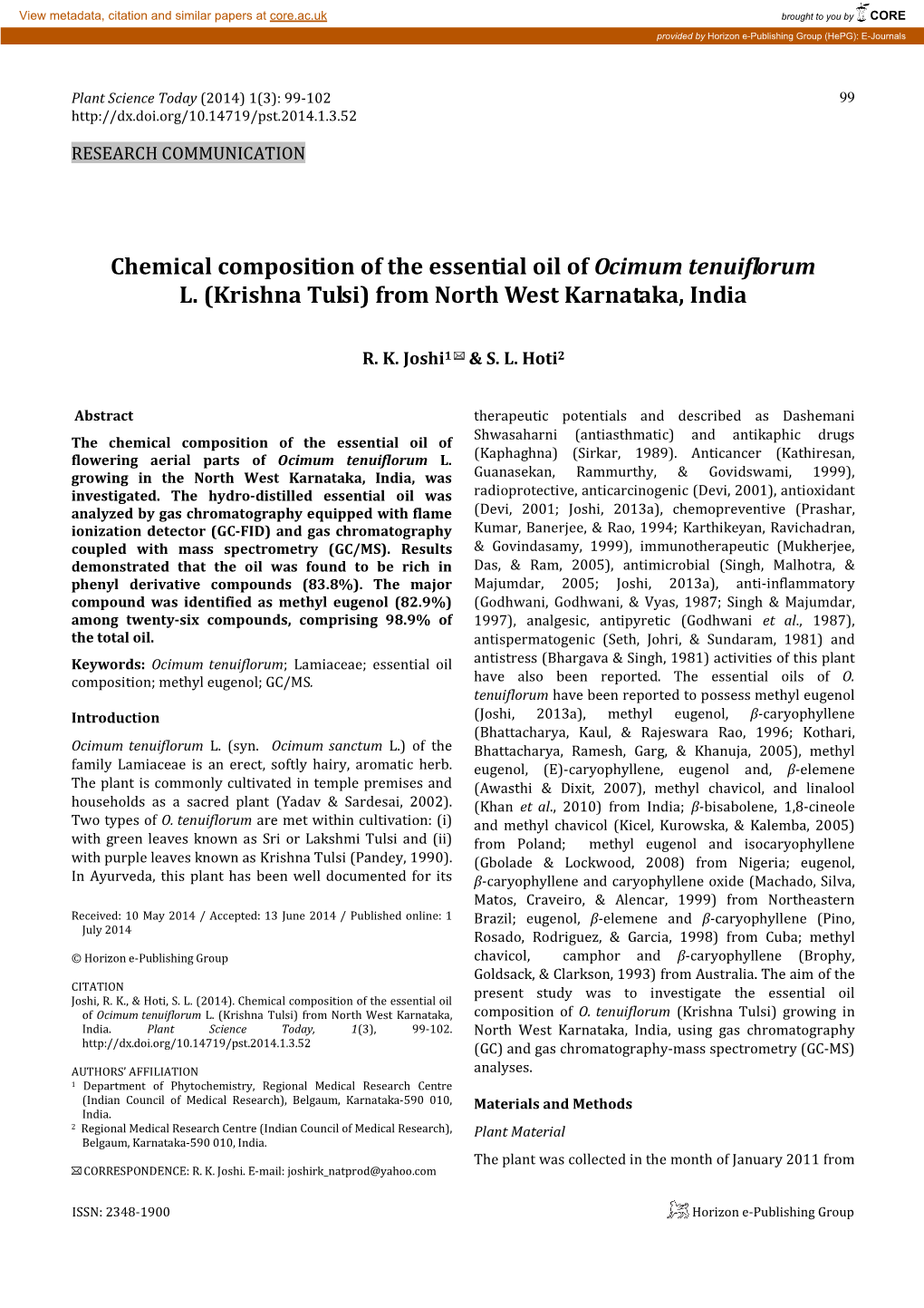 Chemical Composition of the Essential Oil of Ocimum Tenuiflorum L. (Krishna Tulsi) from North West Karnataka, India