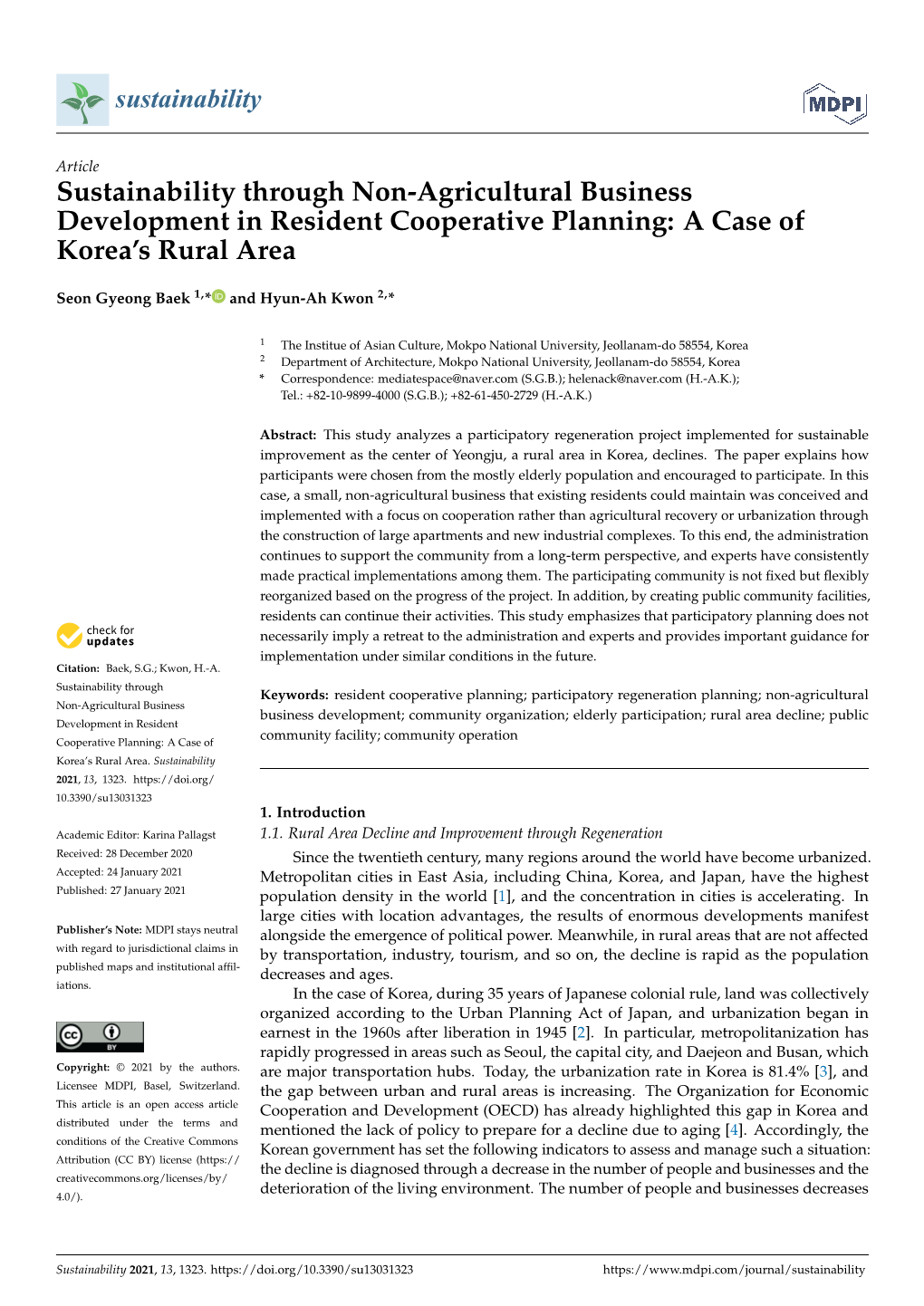 Sustainability Through Non-Agricultural Business Development in Resident Cooperative Planning: a Case of Korea’S Rural Area