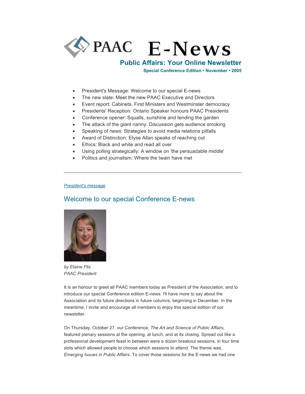 PAAC E-News, Special Conference Edition • November • 2005