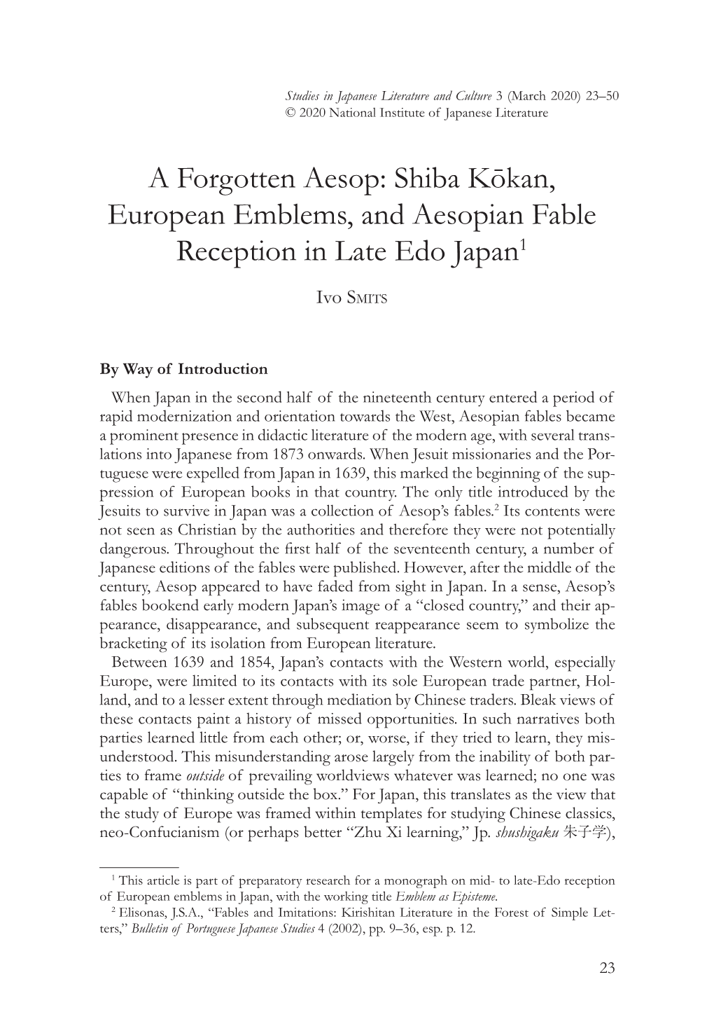A Forgotten Aesop: Shiba Kōkan, European Emblems, and Aesopian Fable Reception in Late Edo Japan1