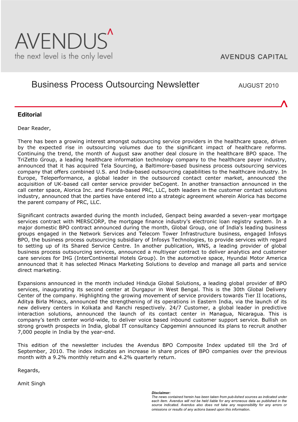 Business Process Outsourcing Newsletter AUGUST 2010