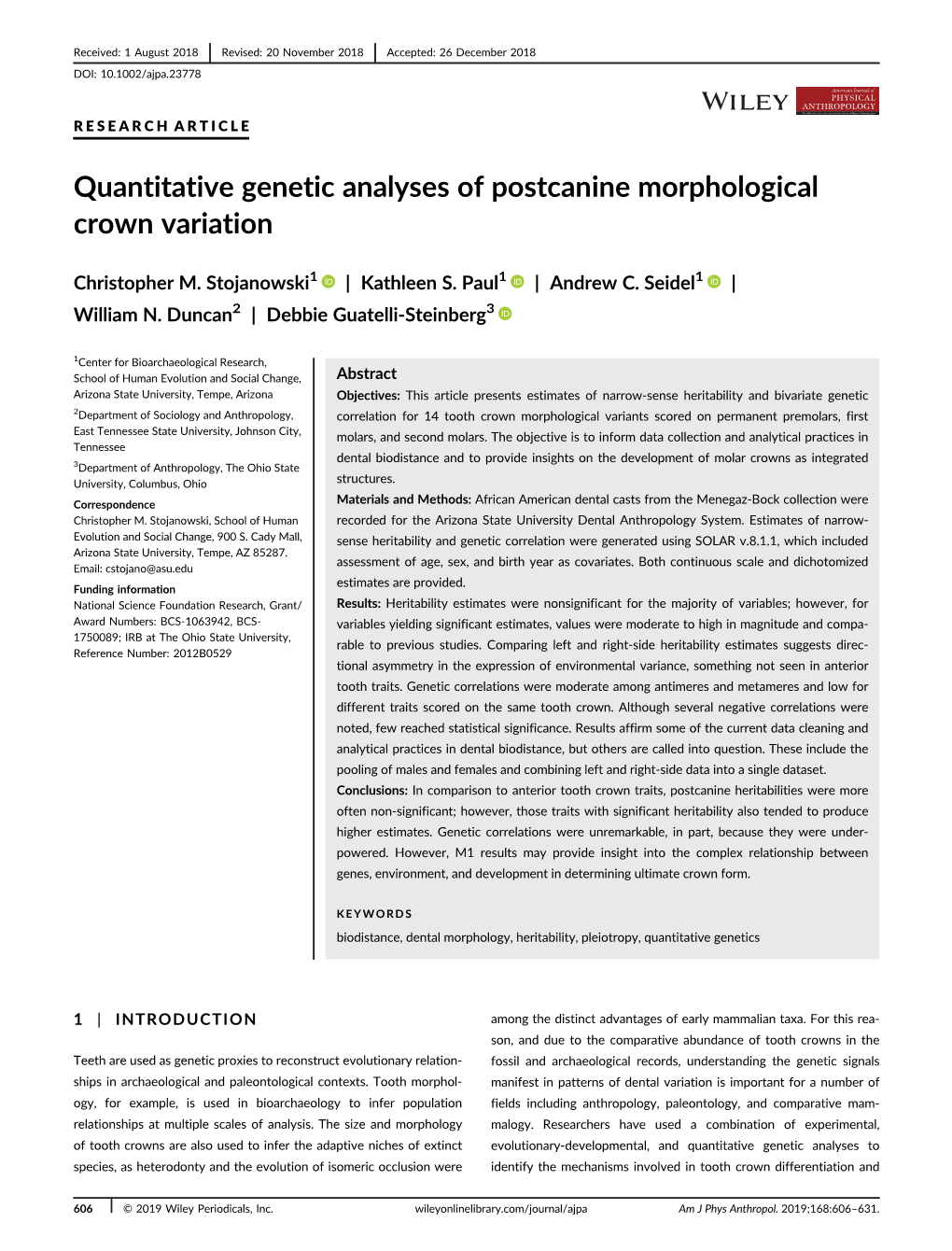 Quantitative Genetic Analyses of Postcanine Morphological Crown Variation