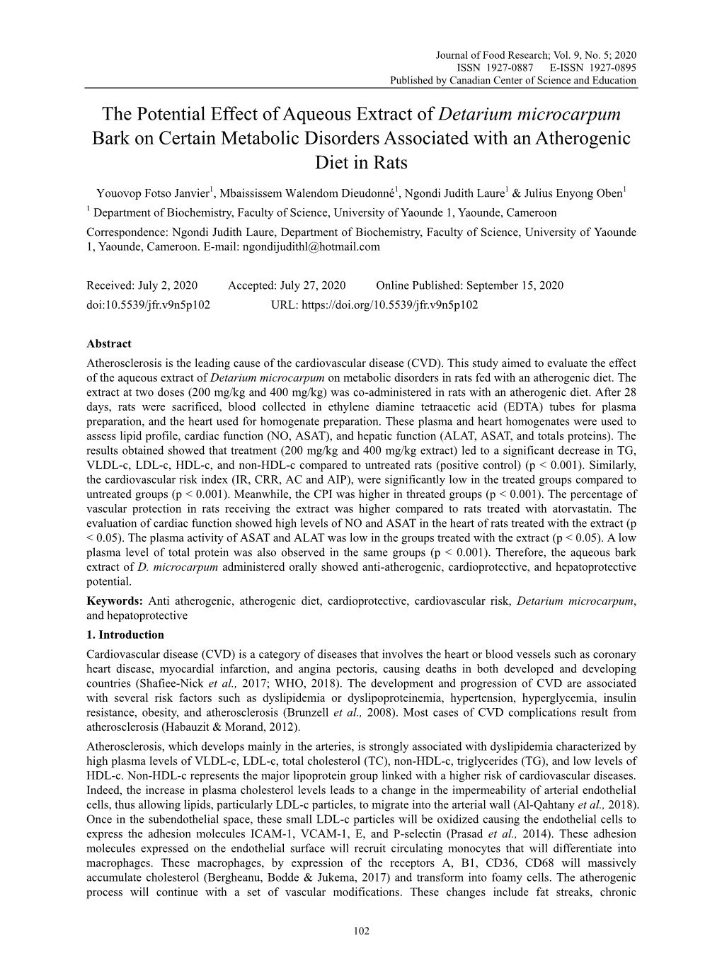 Detarium Microcarpum Bark on Certain Metabolic Disorders Associated with an Atherogenic Diet in Rats