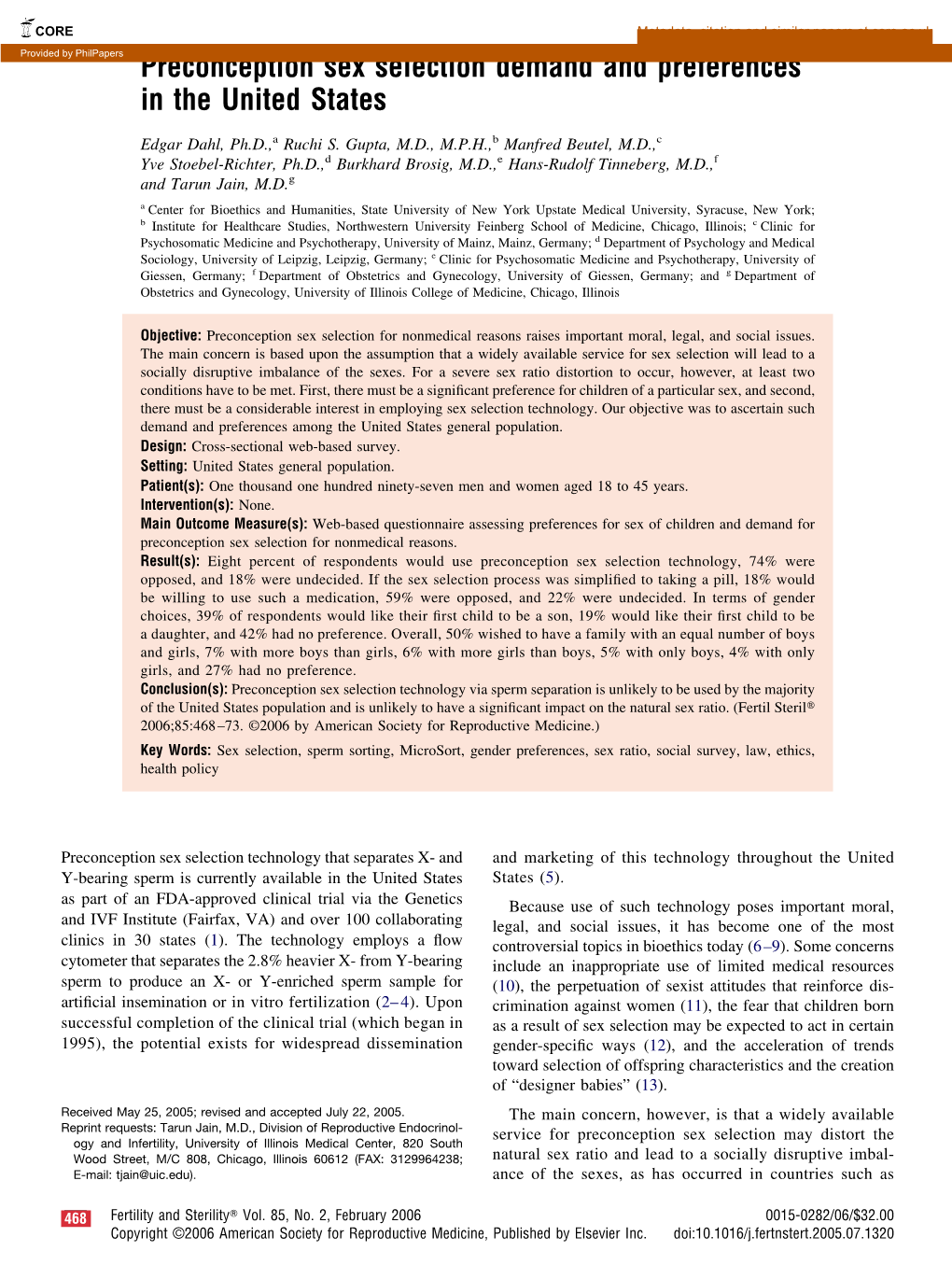 Preconception Sex Selection Demand and Preferences in the United States