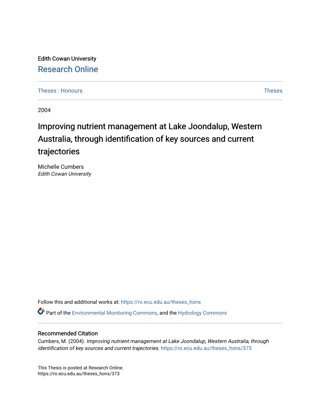 Improving Nutrient Management at Lake Joondalup, Western Australia, Through Identification of Ek Y Sources and Current Trajectories