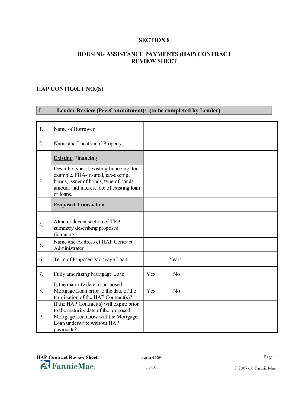 Housing Assistance Payments (Hap) Contract