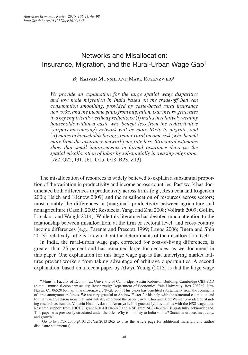 Insurance, Migration, and the Rural-Urban Wage Gap†